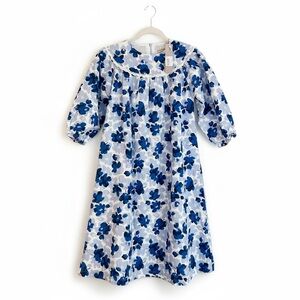 NWT One Child Blue Floral Cotton Dress Size 14 Girl Lace Trim Puff Sleeves
